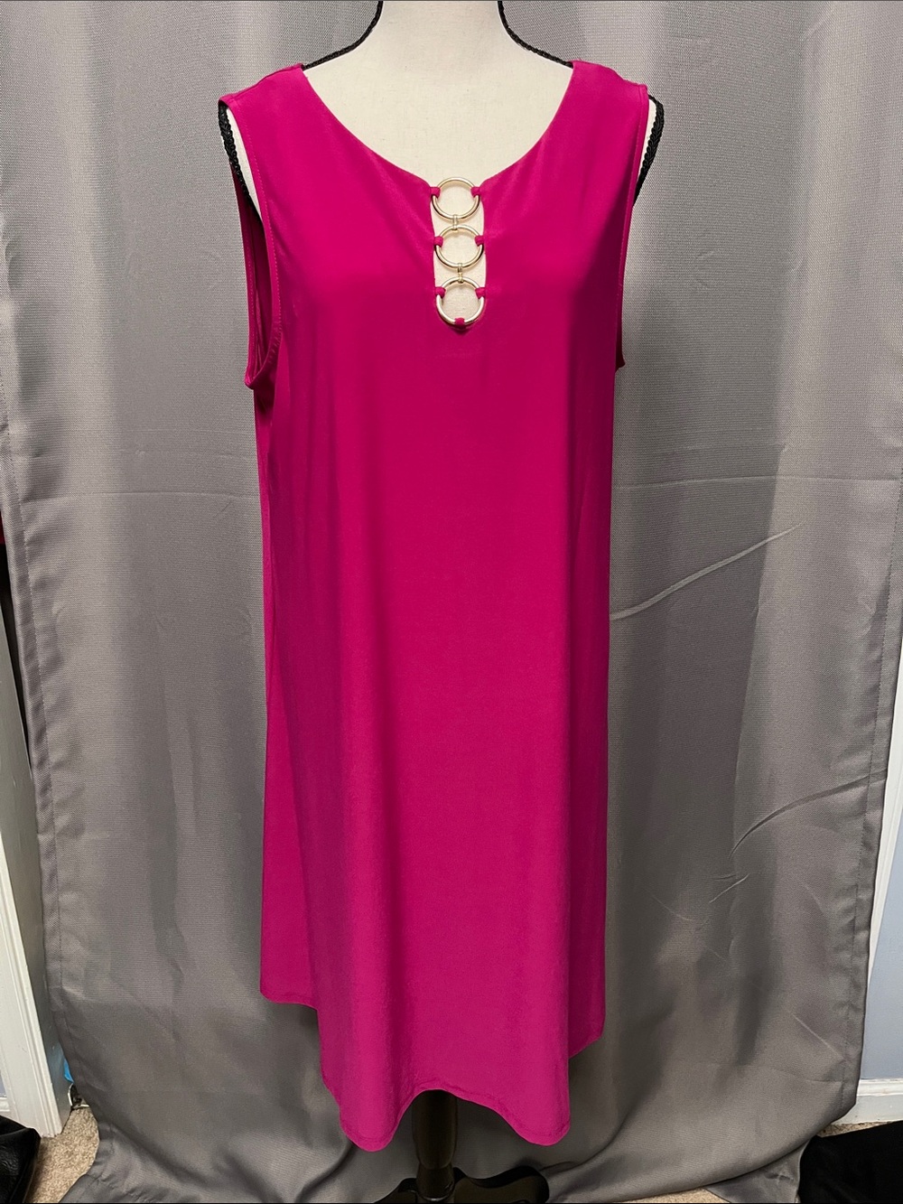 Sleeveless Fuchsia Shift Dress with Gold Ring Detail